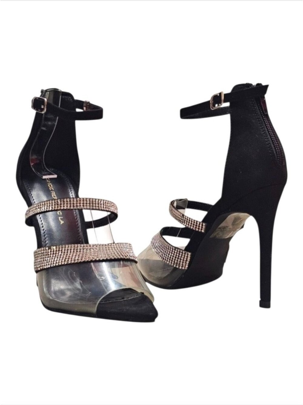 Rhinestone Clear Strap High Heels With Ankle Buckle & Back Zipper - Elegant Blac - Picture 12 of 14